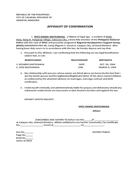 affidavit of confirmation free download